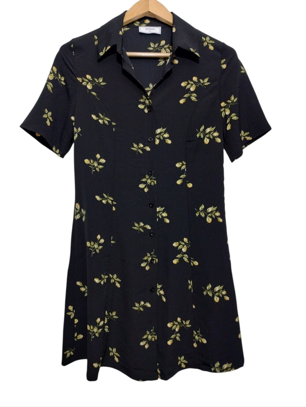 Rihoas Classic Black Floral Button-Front Dress Women's S Tie Back